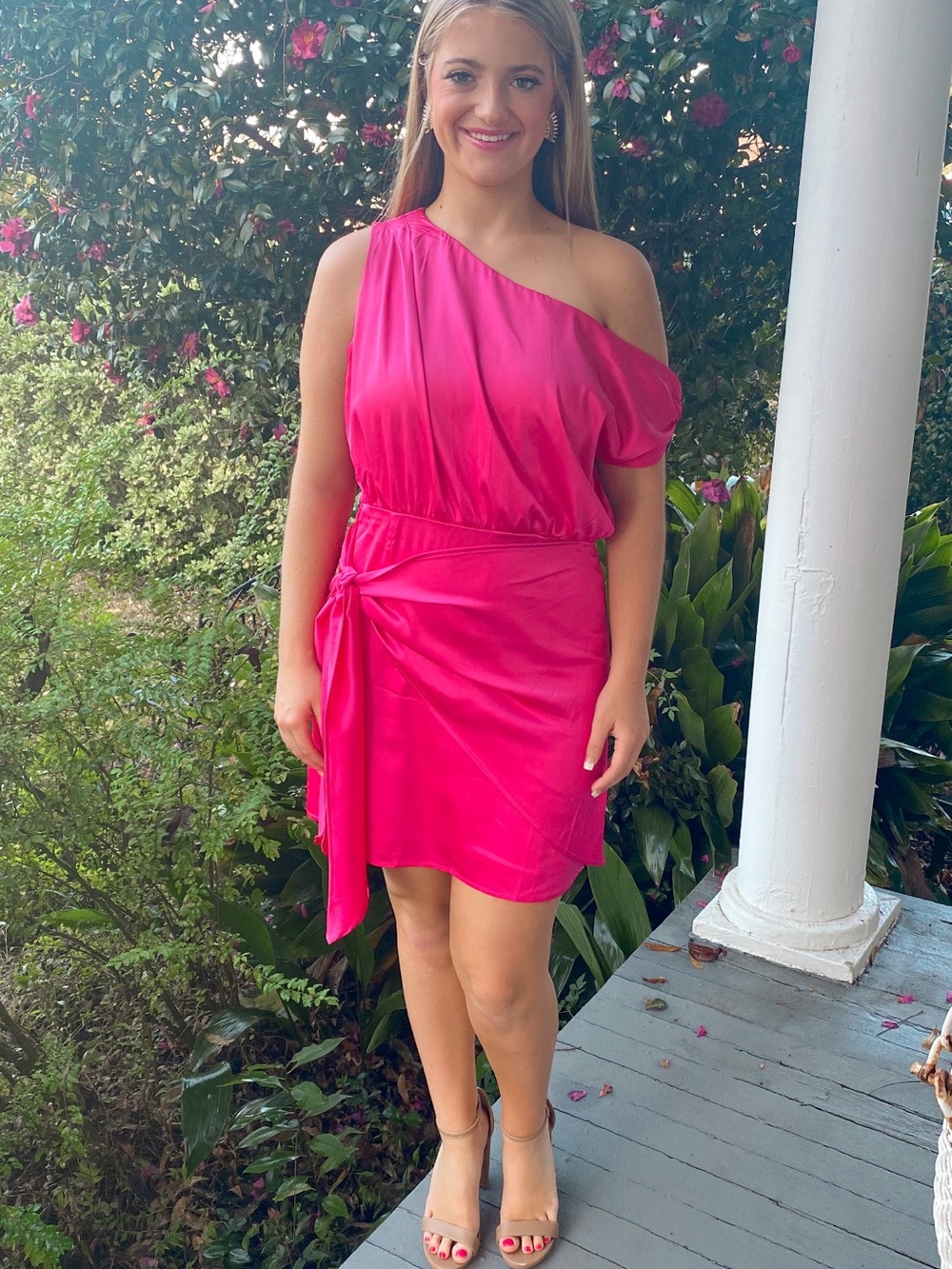 One-Shoulder Hot Pink Satin Party Dress